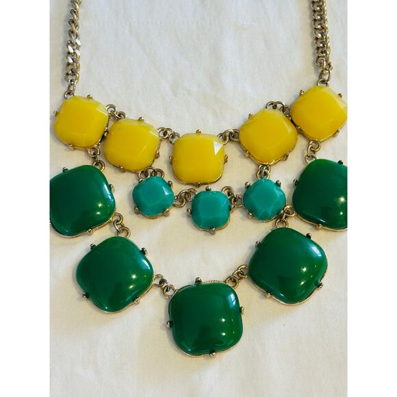 J. Crew Green & Yellow Beads gold tone Statement Chunky bib Necklace preppy bold - Picture 3 of 5